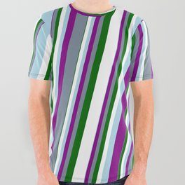 [ Thumbnail: Light Blue, Purple, Light Slate Gray, Dark Green & White Colored Striped Pattern All Over Graphic Tee ]