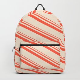 [ Thumbnail: Red & Beige Colored Lines/Stripes Pattern Backpack ]