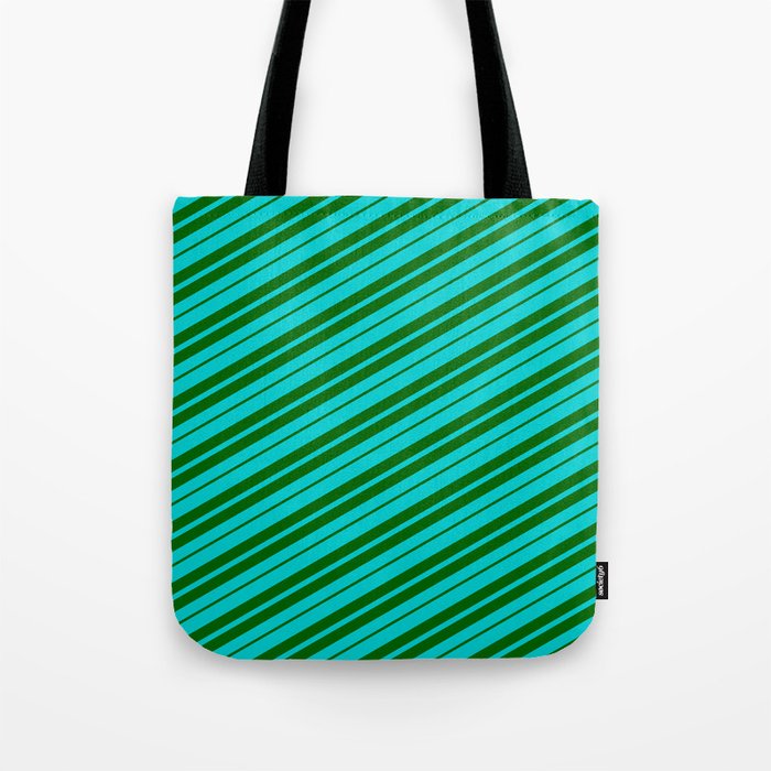 Dark Turquoise & Dark Green Colored Lined/Striped Pattern Tote Bag