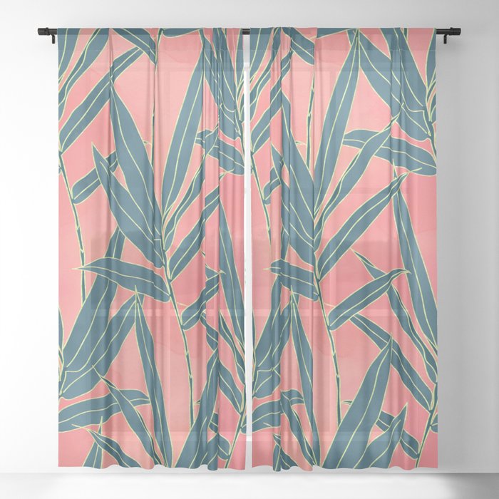Modern Coral And Blue Foliage Design Sheer Curtain By Inovarts Society6
