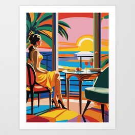 Woman staring at the sunset over the sea in Cannes 1933 Art Print