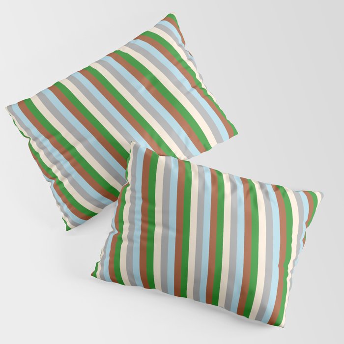 Eyecatching Dark Grey, Beige, Forest Green, Sienna, and Light Blue Colored Stripes/Lines Pattern Pillow Sham
