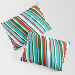 [ Thumbnail: Sky Blue, Red, Dark Turquoise, White, and Dark Green Colored Striped Pattern Pillow Sham ]