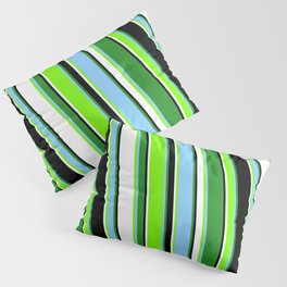 [ Thumbnail: Colorful Forest Green, Light Sky Blue, Green, White, and Black Colored Pattern of Stripes Pillow Sham ]