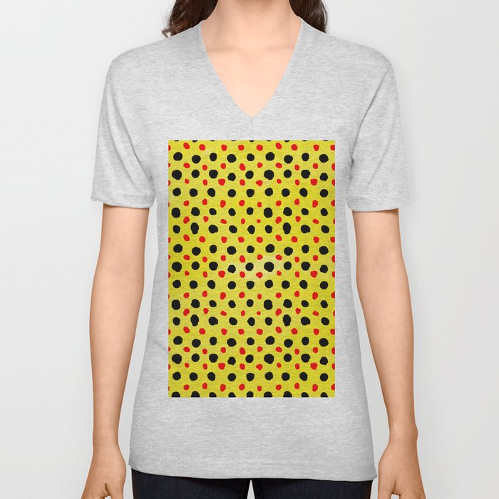 Watercolor Hand Drawn Yellow And Black Polka Dot Pattern,Retro,dotted,circle,abstract, V Neck T Shirt