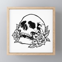 Black and White skull with roses pen drawing Framed Mini Art Print