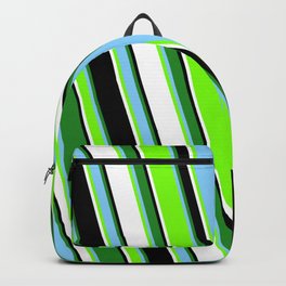 [ Thumbnail: Colorful Forest Green, Light Sky Blue, Green, White, and Black Colored Pattern of Stripes Backpack ]
