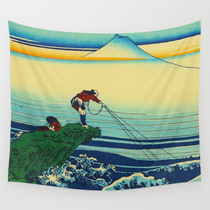 Vintage Japanese Art - Man Fishing Wall Tapestry by Yesteryears
