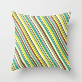 [ Thumbnail: Colorful Grey, Light Sea Green, Yellow, Light Cyan & Sienna Colored Pattern of Stripes Throw Pillow ]