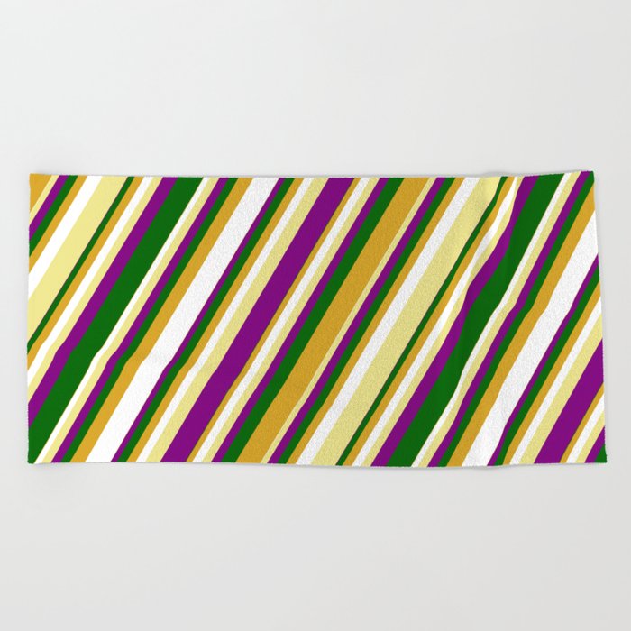 Tan, Purple, Dark Green, Goldenrod, and White Colored Lined/Striped Pattern Beach Towel