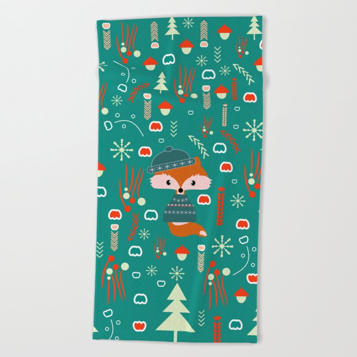Cute fox waiting for Christmas Beach Towel