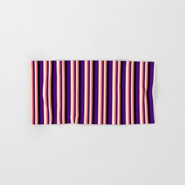 [ Thumbnail: Red, Beige, Indigo, and Black Colored Stripes Pattern Hand & Bath Towel ]