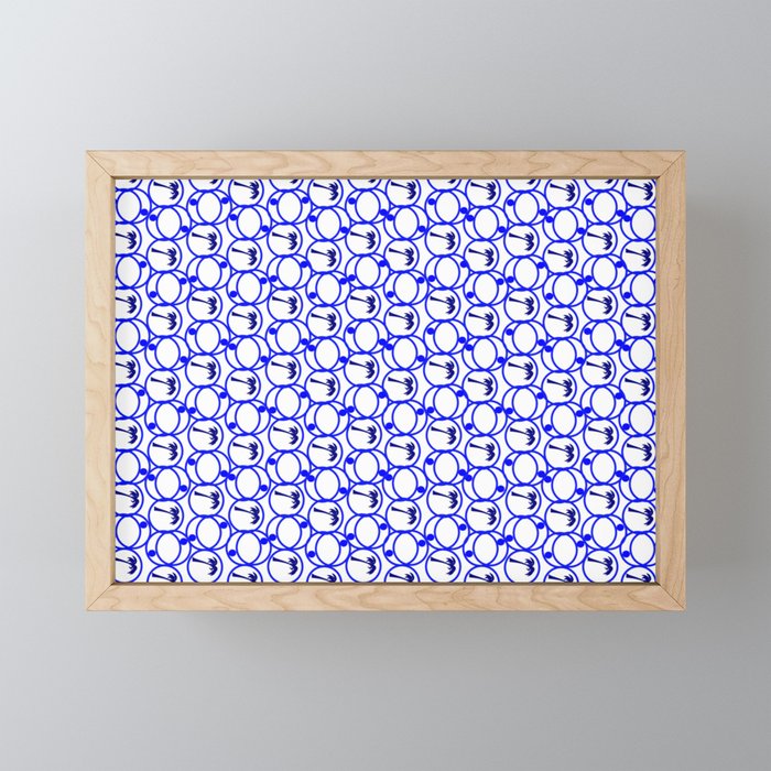 Blue and White Geometric Pattern With Palm Trees Framed Mini Art Print