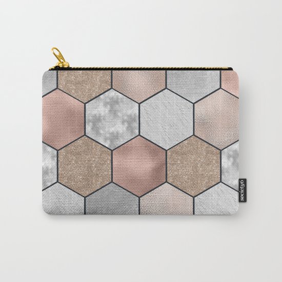 Marble hexagons and rose gold on black Carry-All Pouch