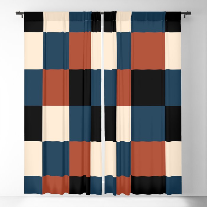 Checkerboard Squares Plaid Black Blue Burnt Orange Beige Blackout Curtain