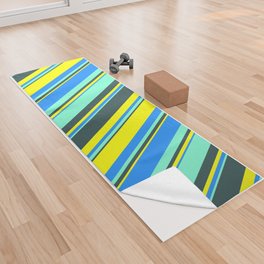 [ Thumbnail: Blue, Yellow, Dark Slate Gray, and Aquamarine Colored Lines Pattern Yoga Towel ]