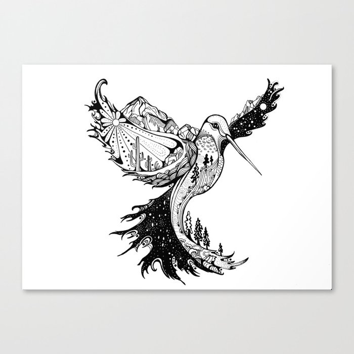 Hummingbird Phoenix Pen and ink Hand drawn design Canvas Print