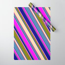[ Thumbnail: Blue, Dark Blue, Tan, Fuchsia, and Green Colored Stripes/Lines Pattern Wrapping Paper ]