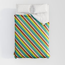 [ Thumbnail: Vibrant Yellow, Light Sea Green, Teal, Beige & Dark Red Colored Lined Pattern Comforter ]