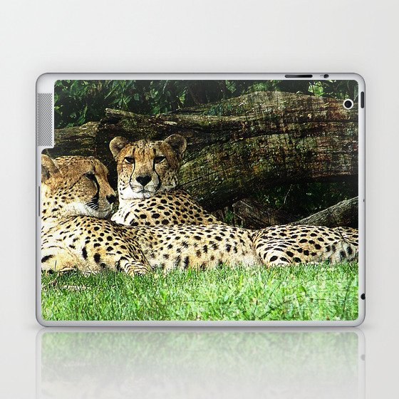 Two Cheetahs Lounging in Grass in Front of Log, Grunge Photograph Laptop & iPad Skin