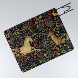 Medieval Unicorn Midnight Floral Garden Picnic Blanket