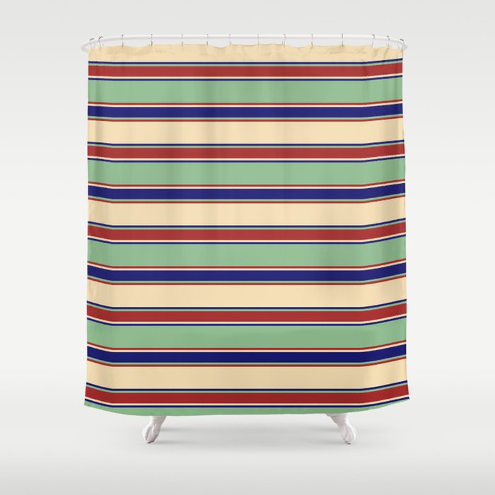 Tan, Midnight Blue, Dark Sea Green & Brown Colored Striped/Lined Pattern Shower Curtain