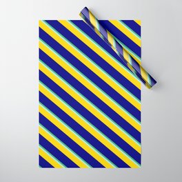 [ Thumbnail: Sea Green, Turquoise, Yellow & Blue Colored Stripes Pattern Wrapping Paper ]