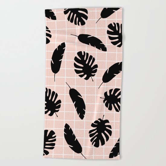 Graphic Tropical Leaves on Grid Black and Pink Beach Towel