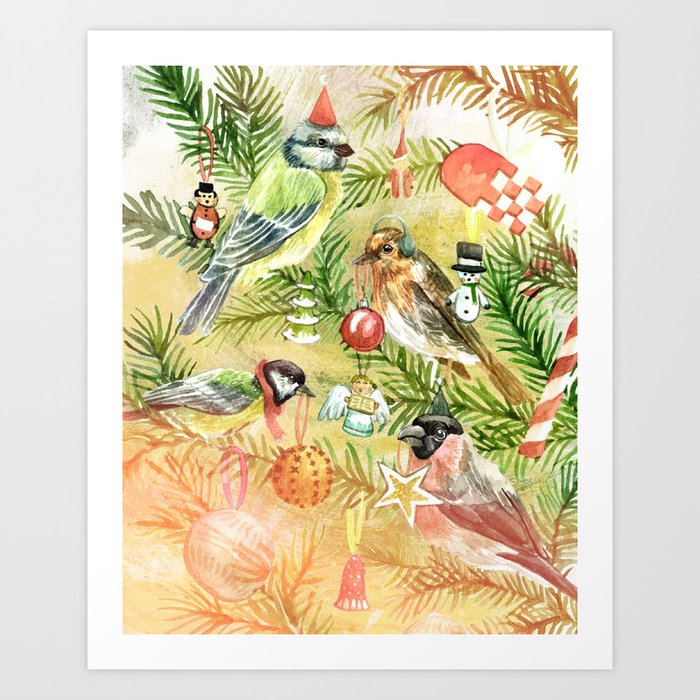 Songbirds in a Christmas Tree Art Print