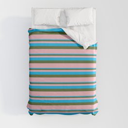 [ Thumbnail: Deep Sky Blue, Dark Olive Green & Pink Colored Lined/Striped Pattern Duvet Cover ]