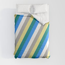 [ Thumbnail: Eye-catching Tan, Teal, Blue, White & Dark Gray Colored Striped/Lined Pattern Comforter ]