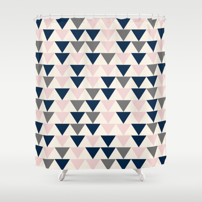 Arrows In Gray Navy Blue Blush Pink, Pink And Grey Geometric Shower Curtains