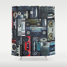 Vintage wall full of radio boombox of the 80s Shower Curtain