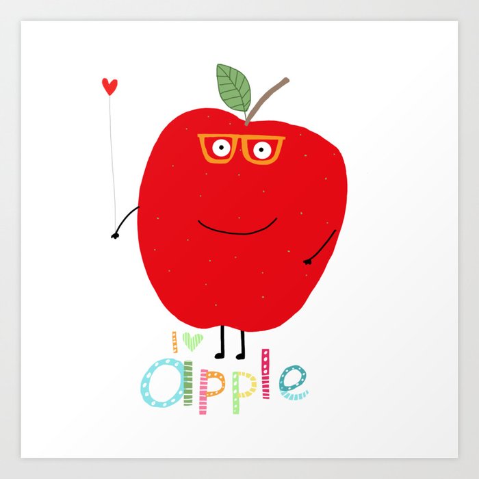 Red Apple Wearing Glasses Holding a Love Heart by Artist Carla Daly Art Print
