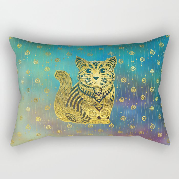 Bohemian Cat Golden Decor on Paint Background Rectangular Pillow