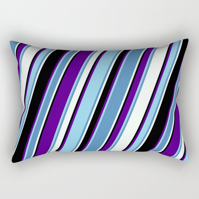 Colorful Indigo, Sky Blue, Blue, Mint Cream, and Black Colored Lines Pattern Rectangular Pillow