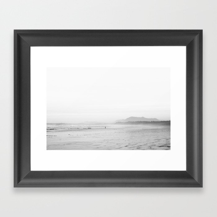 Surfer on Tofino Beach - black & white landscape | Canada travel art photography print Framed Art Print