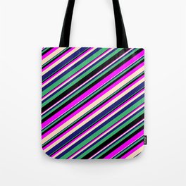[ Thumbnail: Eyecatching Fuchsia, Bisque, Midnight Blue, Sea Green & Black Colored Lines/Stripes Pattern Tote Bag ]