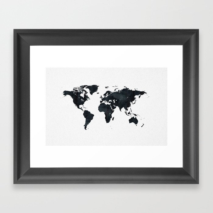World Map In Black And White Ink On Paper Framed Art Print