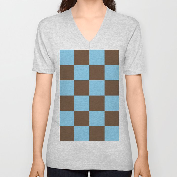Baby Blue and Almond Brown Checkered Pattern (ix 2021) V Neck T Shirt