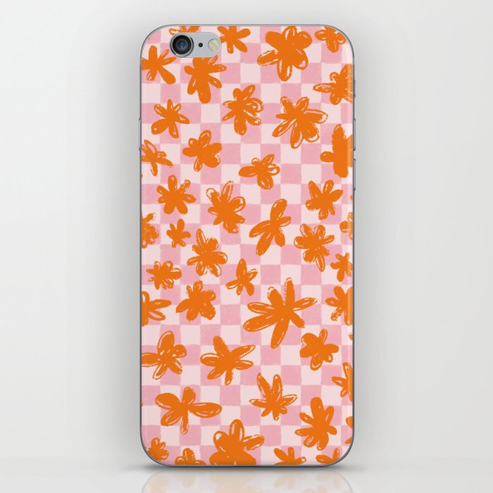 Cute Simple Flowers on Hand-Drawn Checkerboard \\ Pink & Orange iPhone Skin