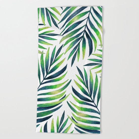 Tropical leaves. White pattern Beach Towel