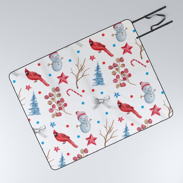 Red Cardinal And Christmas Tree Collection Picnic Blanket