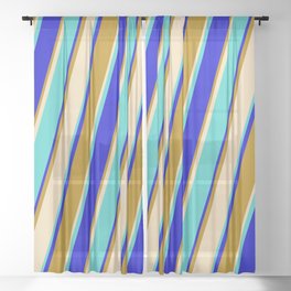 [ Thumbnail: Turquoise, Blue, Dark Goldenrod, and Tan Colored Stripes Pattern Sheer Curtain ]