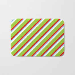 [ Thumbnail: Colorful Red, Light Sky Blue, White, Green, and Dark Green Colored Stripes Pattern Bath Mat ]