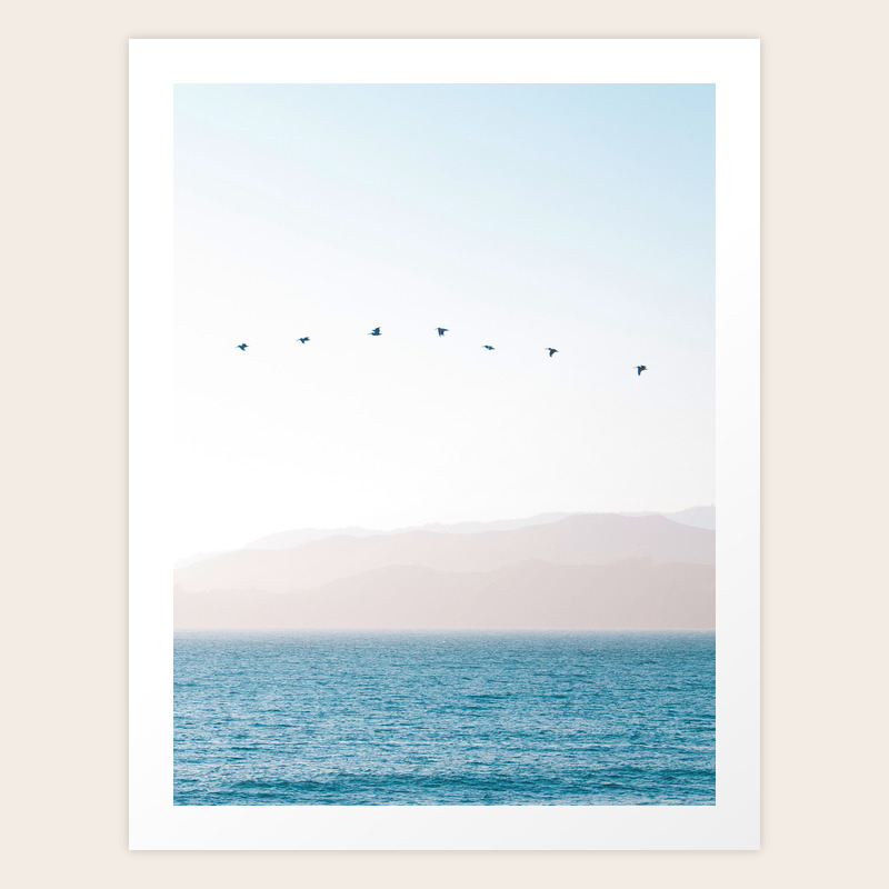Modern Minimalist Pastel Blue Landscape Ocean Mountains Flock Of Birds Flying Art Print By Enshape Society6