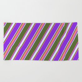 [ Thumbnail: Dark Olive Green, Light Coral, Purple & Lavender Colored Stripes/Lines Pattern Beach Towel ]