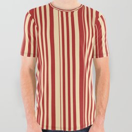 [ Thumbnail: Red & Beige Colored Stripes/Lines Pattern All Over Graphic Tee ]