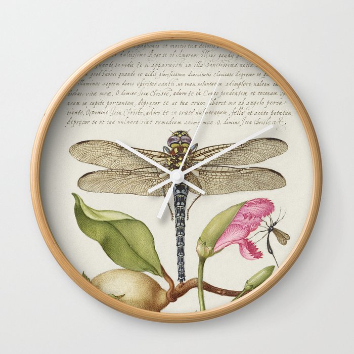 Calligraphic art with Dragonfly and fruit Wall Clock