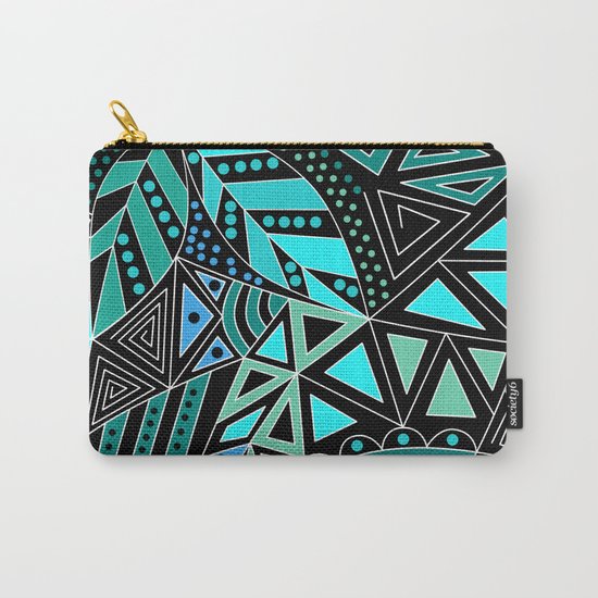 Ethnic pattern in blue turquoise tones on a black background . Carry-All Pouch